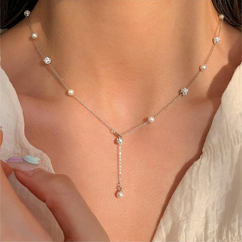 Travel Accessories As Gifts - 女性のためのイミテーションパールジルコンタッセルネックレス、鎖骨チェーン、ロマンチック、甘い、優しい、結婚式、旅行、ジュエリーアクセサリー、女の子へのギフト