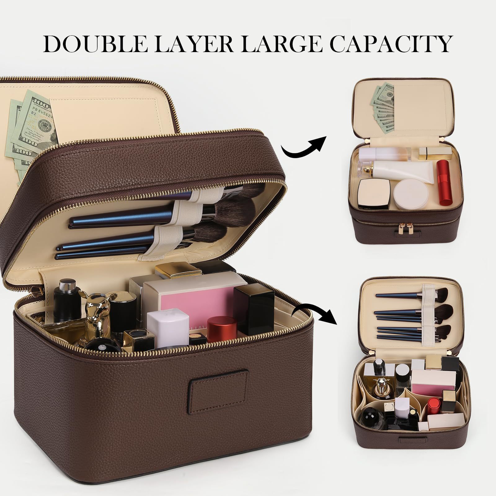 Travel Accessories Luxury - 大容量二層式高級化粧ポーチ 旅行用トップハンドル付きポータブルPUレザー多仕切りバニティケース