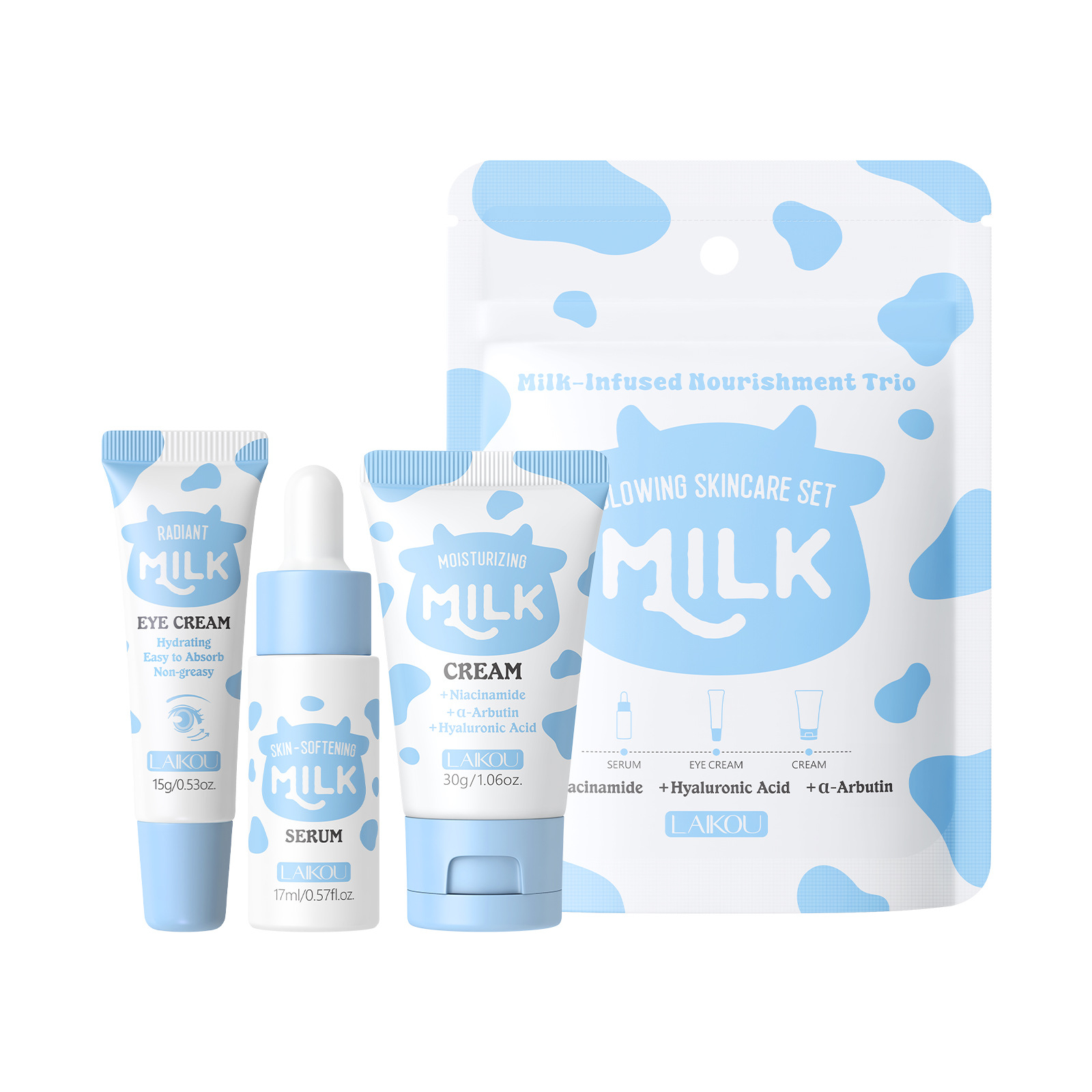 Travel Accessories Set - LAIKOU ミルク 3点トラベルスキンケアセット 17ml セラム 15g