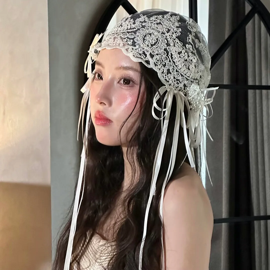 Travel Accessories High End - 新しいフレンチレトロブライダルレースボウリボンヘッドバンドハイエンドウェディングヘアアクセサリーターバンヘッドスカーフ旅行写真ヘッドバンド女の子
