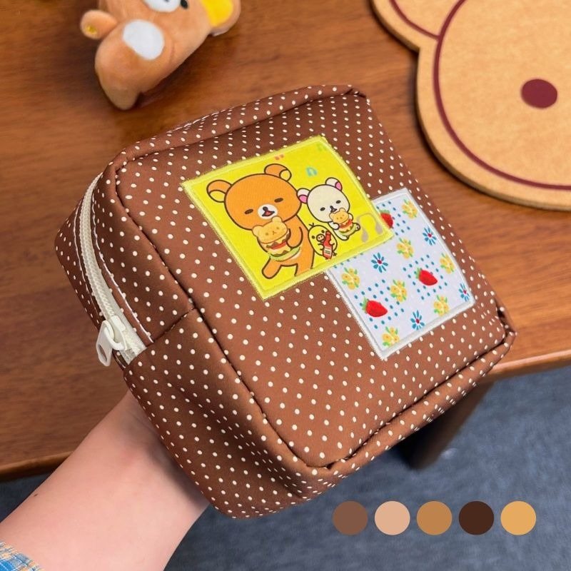 Travel Accessories Store - かわいいリラックマブラウンポルカドット化粧品バッグかわいいクマのパッチプリントジッパー収納ポーチ大容量旅行用化粧バッグ