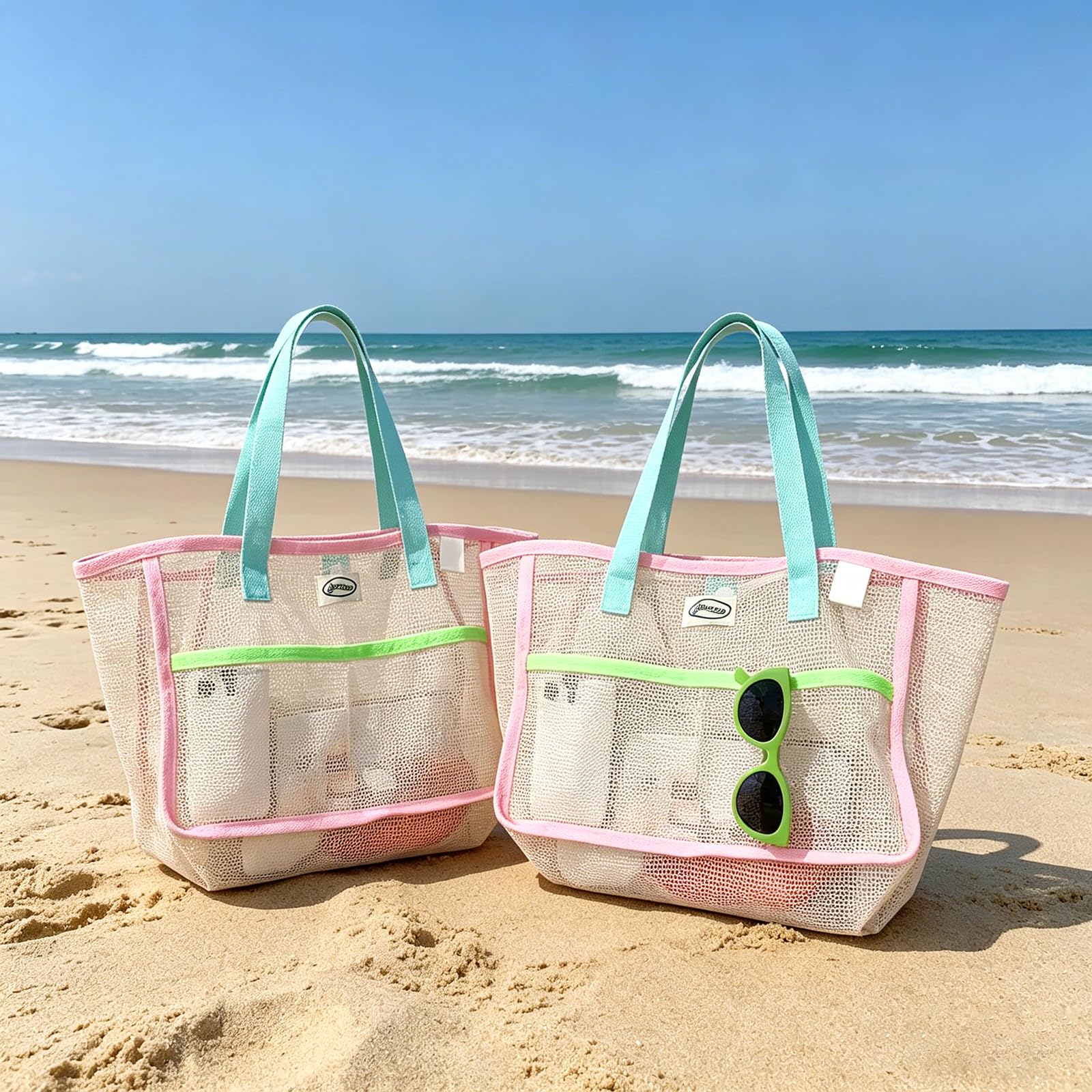 Travel Accessories Store - 女性用ビーチバッグ カラフルな折りたたみ式ネットサンドトートバッグ 旅行用プール収納ポケット ビーチアクセサリー用