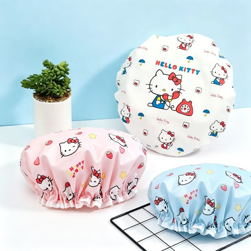 Travel Accessories Japan - ハローキティプリント二重層防水シャワーキャップかわいい漫画再利用可能なシャワーキャップ女性用シャンプー旅行日常使用ギフト