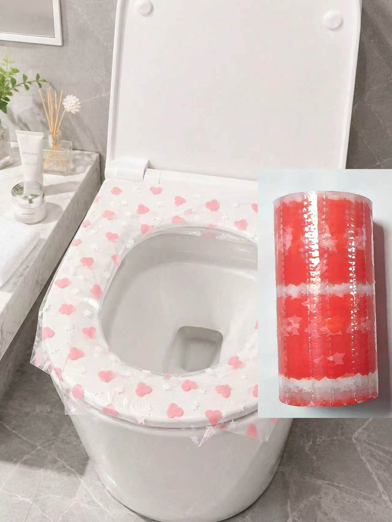 Travel Accessories Store - 133枚入り使い捨て便座カバー、防水便座保護フィルム、ハート柄 - 旅行、ホテル、公共トイレ、家庭の浴室に適した携帯用衛生パッド、旅行用品、新学期用品