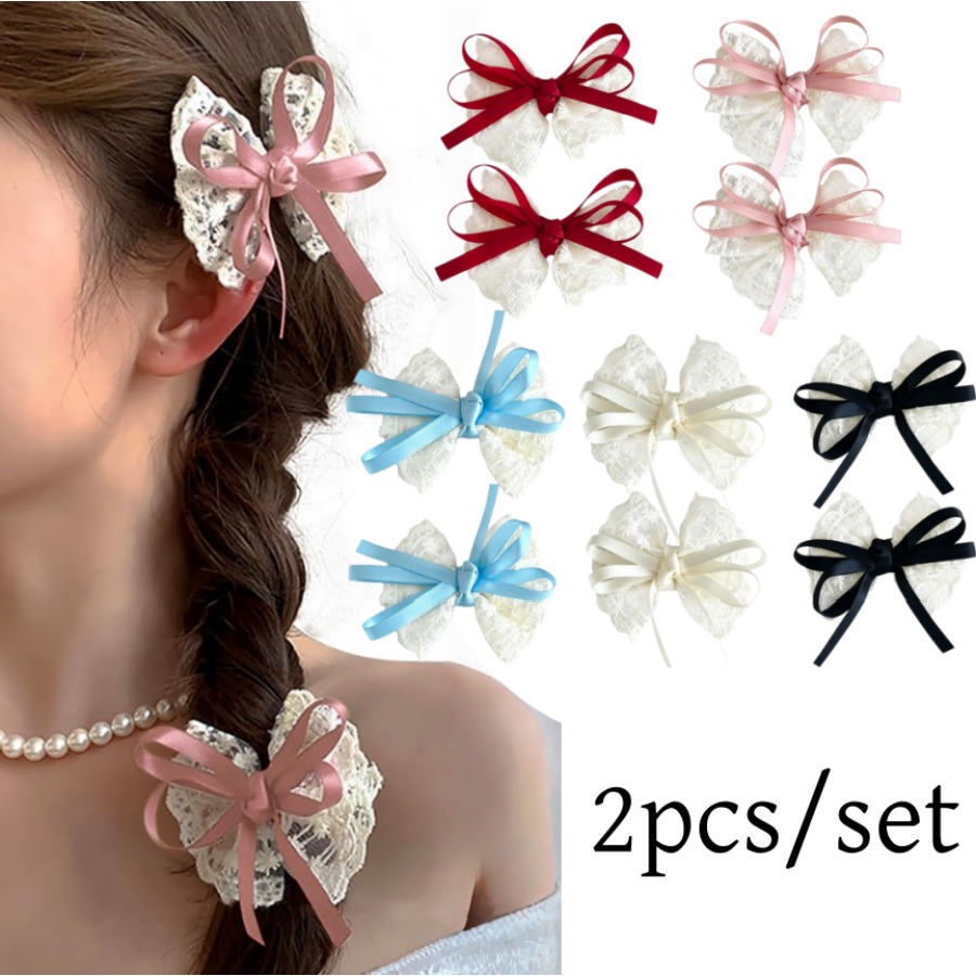 2 ピース/セットかわいいレースの弓ヘアクリップ甘い刺繍リボ - Travel Accessories Teens のレビューと価格