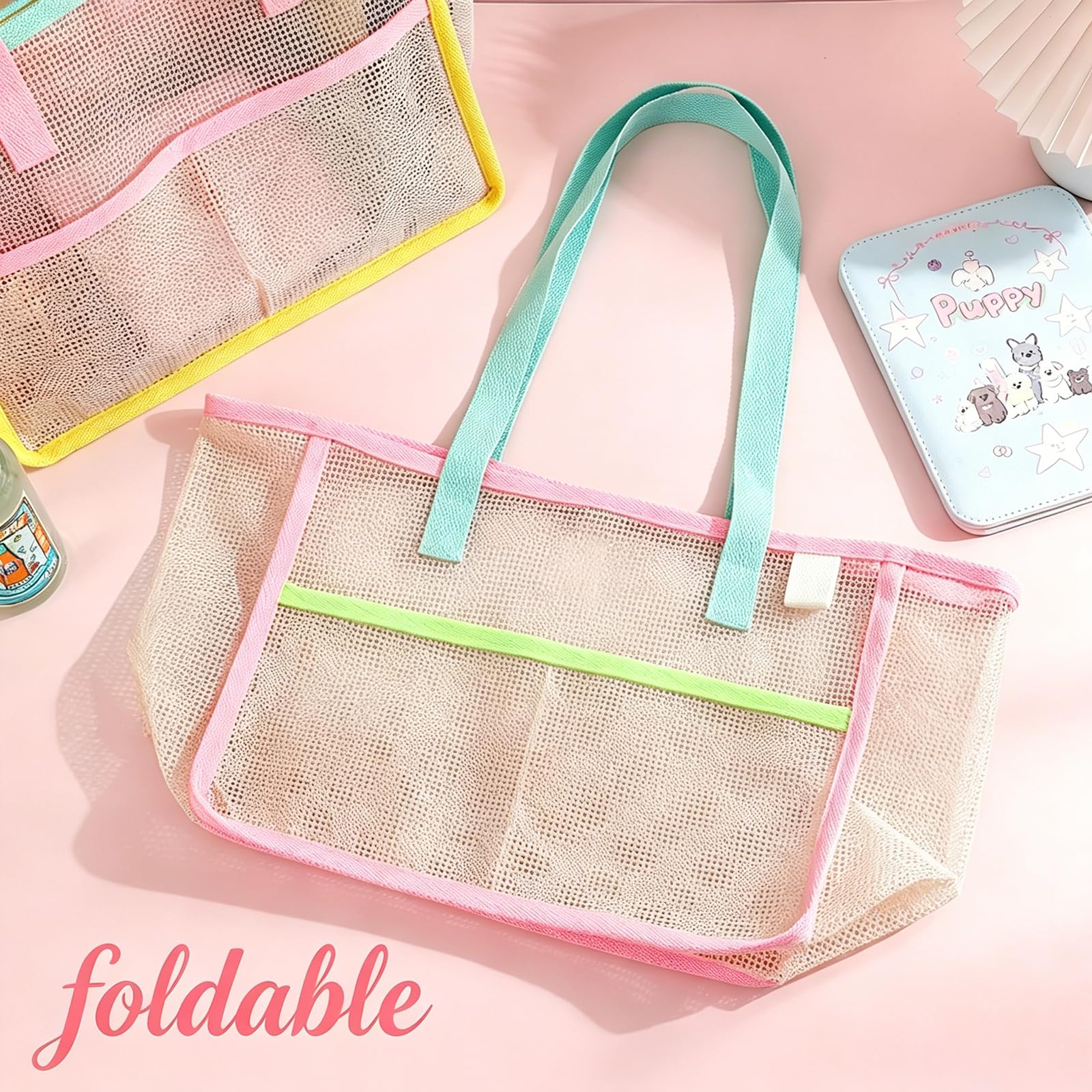 女性用ビーチバッグ カラフルな折りたたみ式ネットサンドトート - Travel Accessories Store のレビューと価格