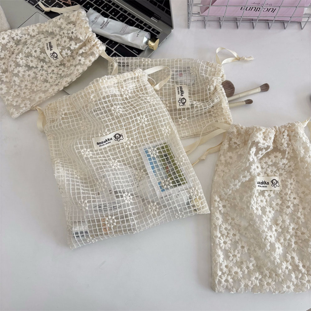 レース刺繍デイジーメッシュ巾着メイクアップバッグ夏旅行用トイ - Travel Accessories Store のレビューと価格
